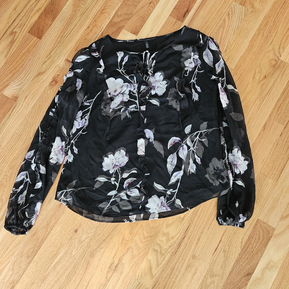 White House Black Market Black Floral Sheer Blouse